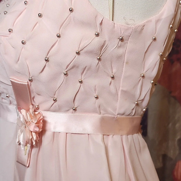 Vintage Pale Pink Blush Beaded Scoop Neck Empire Waist Dress - Picture 7 of 11